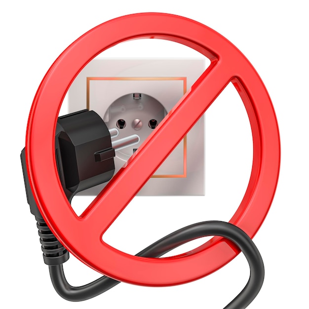 Photo forbidden sign with power plug and electrical socket 3d rendering