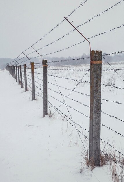 Forbidden territory fenced with barbed wire fence in winter