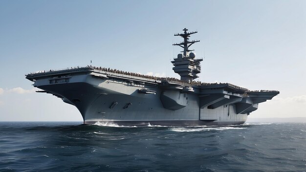 Ford latest technology nuclear powered aircraft carrier anchored in deep blue open ocean sea