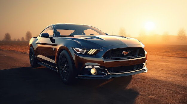 A ford mustang is on a road at sunset.