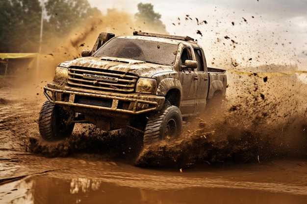 A ford pickup truck is driving through the mud.