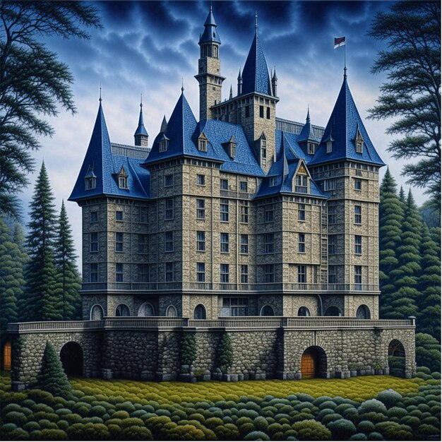 Foto un castello coloniale inquietante con un elegante sfondo buio e tempestoso circondato da alberi