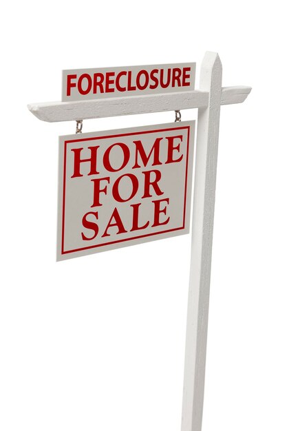 Photo foreclosure for sale real estate sign on white with clipping