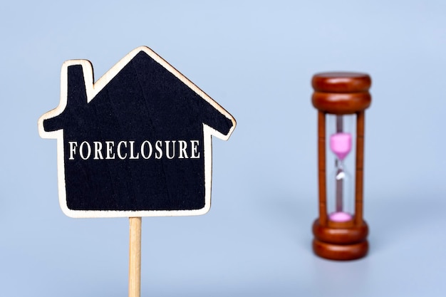 Foreclosure text on wooden house model with blurred hourglass background Business finance savings money management property loan or mortgage and auction concept