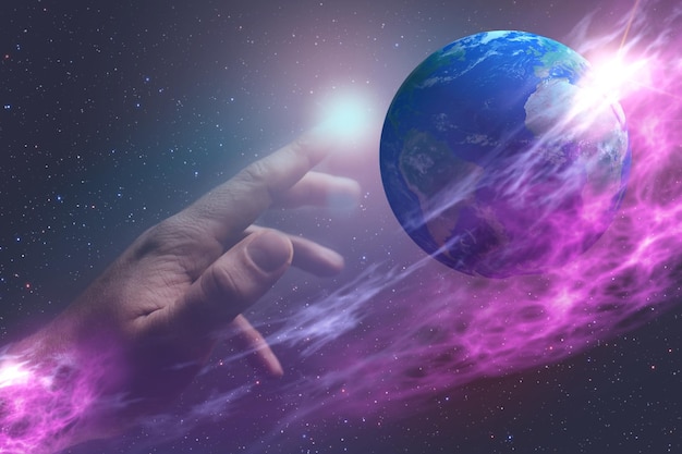 Показательный палец касается пикселя Земли в бесконечном пространстве Концепция смешанных средств массовой информации матричная вселенная