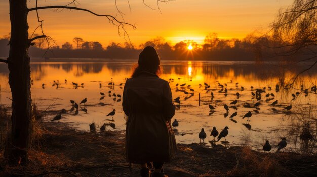 Foreground a birdwatcher intently observing with binoculars midground colorful birds perched on a