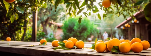 In primo piano un ramo con arance mature ad alta definizione e un tavolo in legno sullo sfondo di un giardino generativo ai