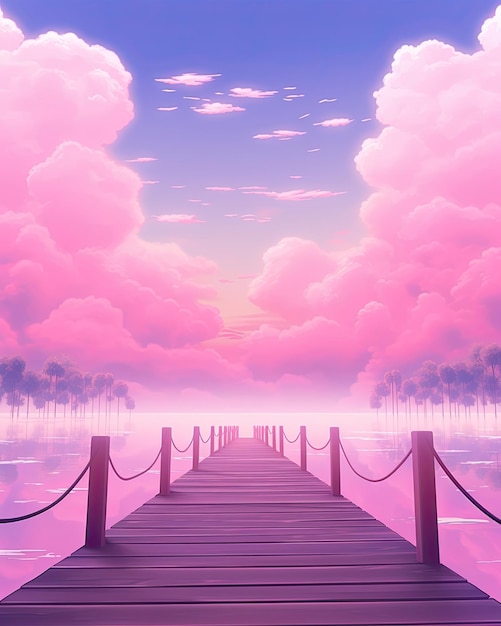 Photo in the foreground a dock stands amidst pink sky trees and fog generative ai