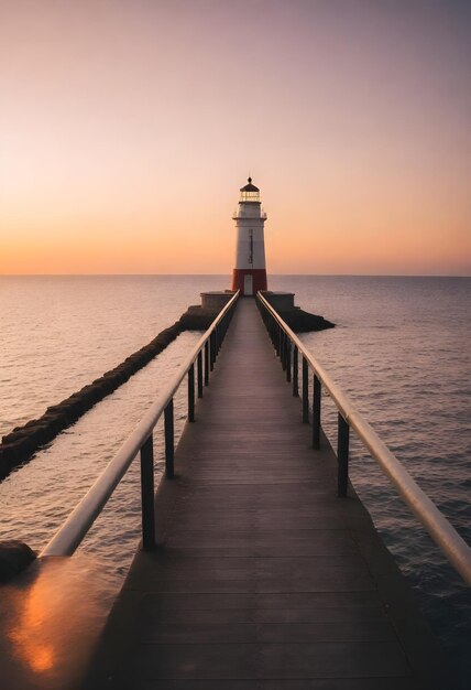 foreground A lighthouse at the end of a narrow pier extending into the sea during sunset