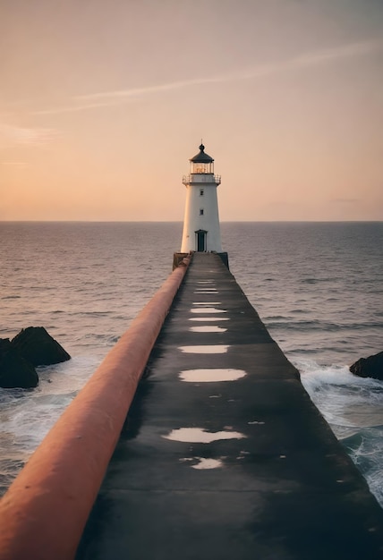 foreground A lighthouse at the end of a narrow pier extending into the sea during sunset