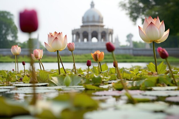 Foto un primo piano di fiori di loto con uno stupa sullo sfondo