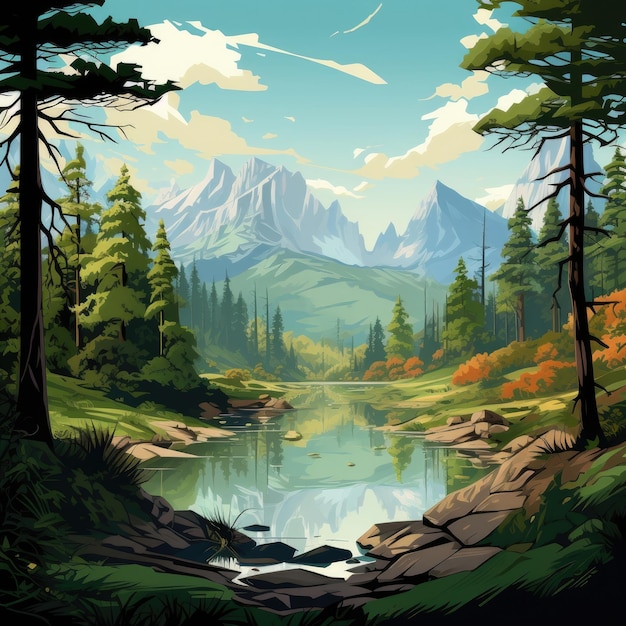 前景の山々や木々が湖を囲んでいます。 生成 AI