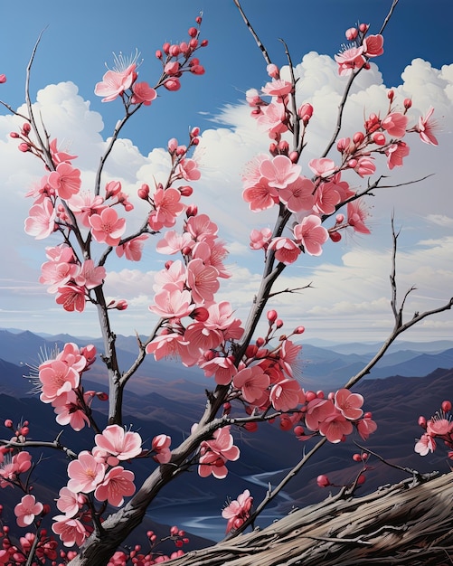 In the foreground a pinkflowered branch stands under a blue sky Generative AI