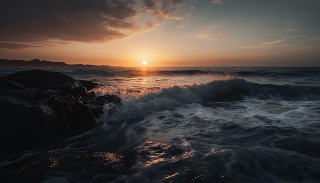 Foreground with rocks and the ocean and the background with the sun at sunrise