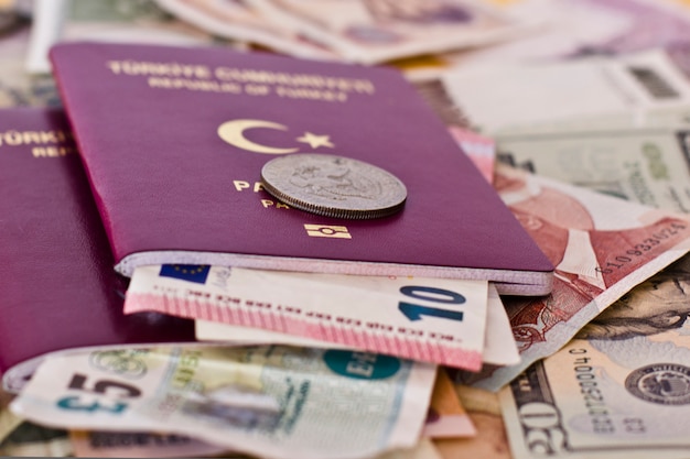 Foreign passports and money from different countries