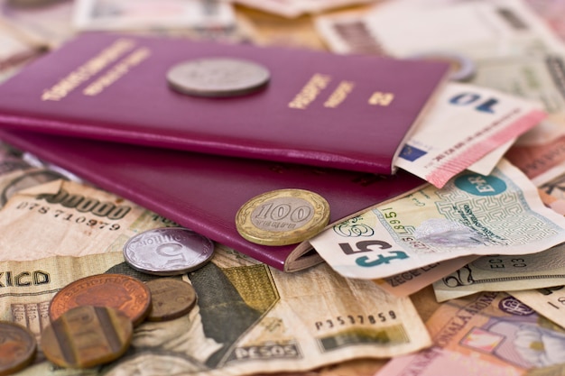Foreign passports and money from different countries
