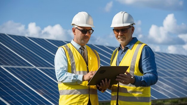 Foreman and businessman at solar energy station