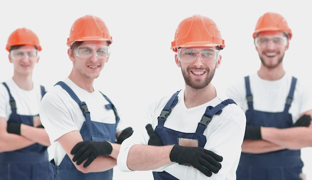 Foreman and construction team isolated on white