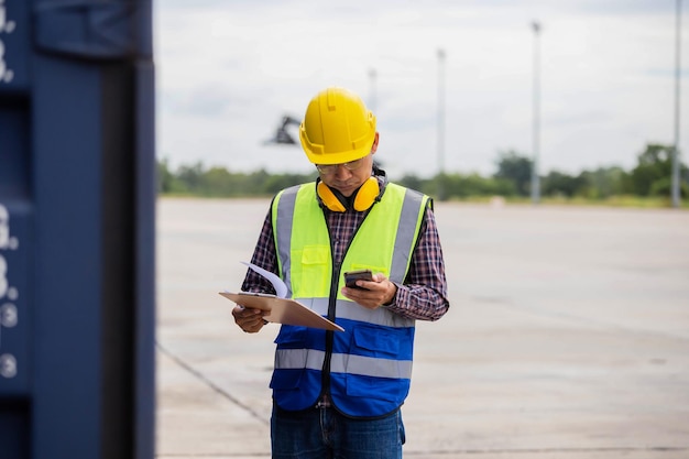 Foreman dock worker in hardhat and safety vest checking containers box from cargo Engineer man checking and inspect the containers