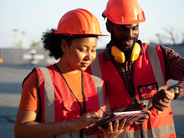 Caposquadra ingegnere donna e uomo manager casco sicurezza fabbrica lavoro lavoro carriera look notebook tablet smartphone progetto importazione esportazione tecnologia contenitore attività commerciale catena di fornitura industria progetto sito