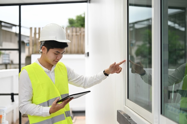 Foreman working with digital tablet computer, building inspector concept