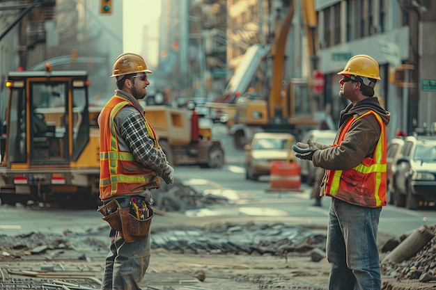 Photo foremen discuss construction site operations