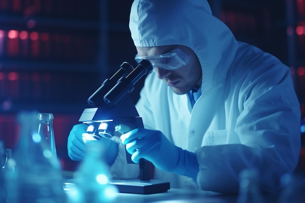 forensic scientist in lab gear examining evidence using a microscope in the laboratory AI generated