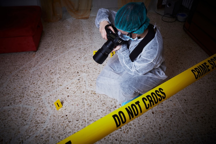 Forensische arts die op een misdaadscène werkt