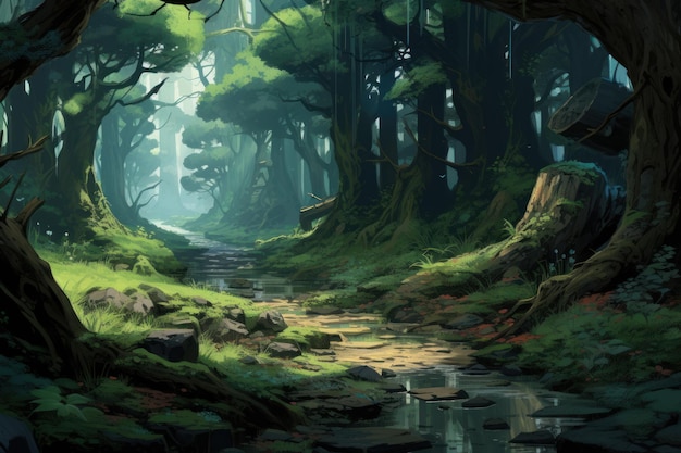 雨の後の森 アニメ ビジュアルノベルゲーム 自然の新鮮さ アイを生成する
