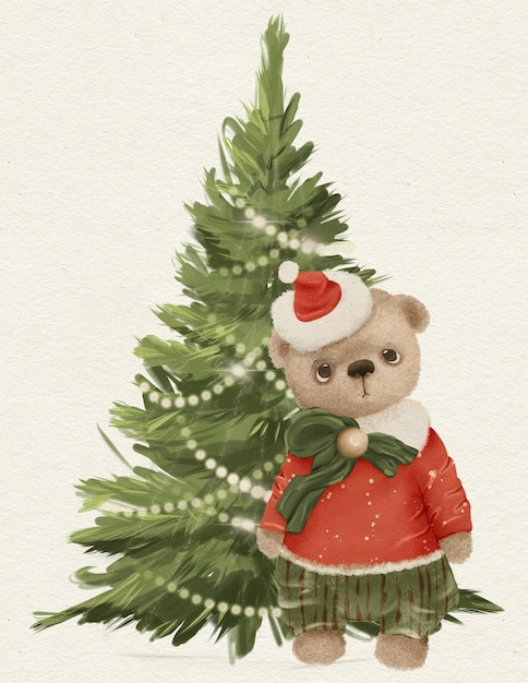 お祝いの新年の木、クリスマス カード、クリスマス パートへの招待状の近くにかわいい森の動物が座っています。