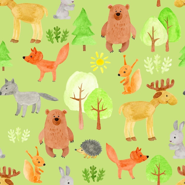 Forest animals seamless patternElk wolf fox bear squirrel hedgehog Nature forest trees