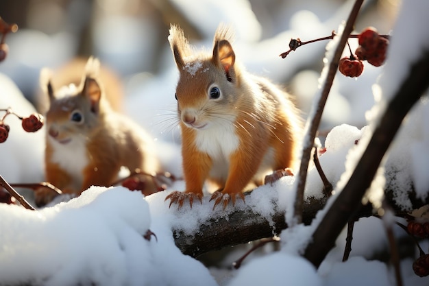 森の動物たちは明るい雪の生成IAの中で食べ物を探します