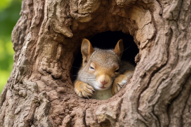 Foto gli animali della foresta dormono o hibernano nelle buche degli alberi.