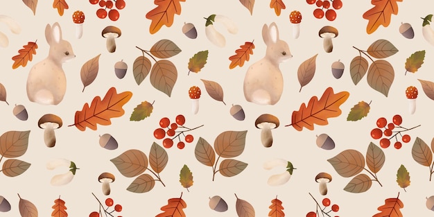 写真 葉のキノコとウサギの森の秋のパターン