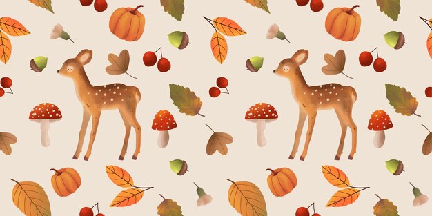 写真 葉のある森の秋のパターン ⁇ キノコと鹿