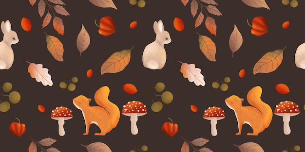 Photo forest autumn pattern with leaves mushroom squirrel and bunny