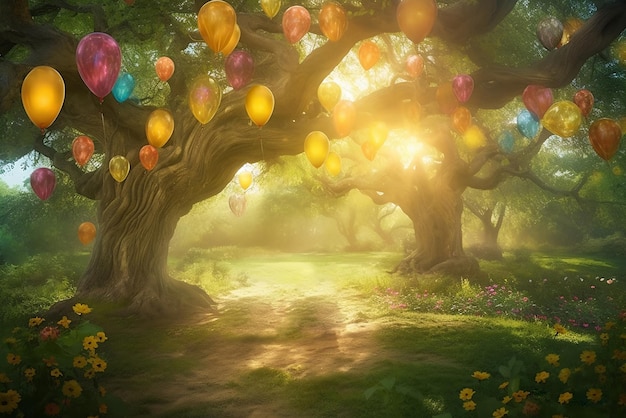 Forest background with sunlight yellow and red balloons fairy tale full bear party