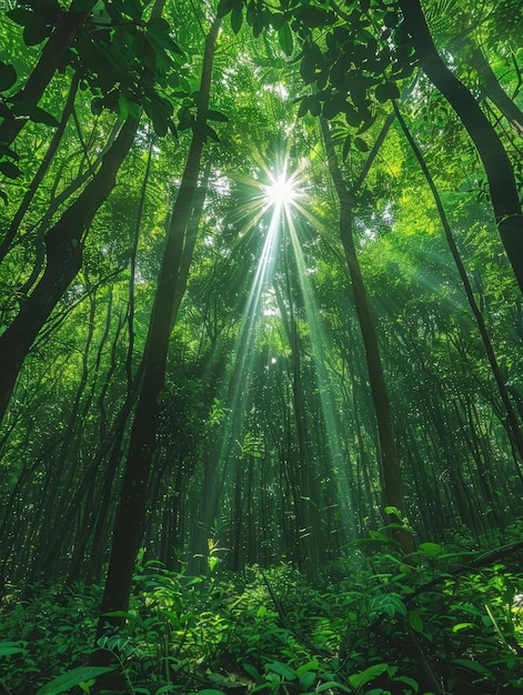 Photo a forest of bamboo with sun shining through the leaves