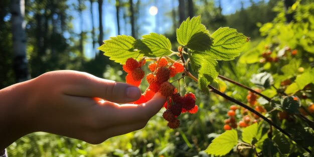 Photo forest for berry picking specifically cloudberries describe the natural setting the act of pickin