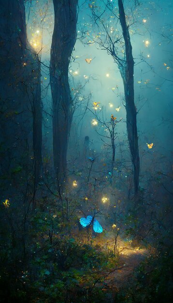 Forest blue glowing butterflies mild fog moonlight 3D illustration