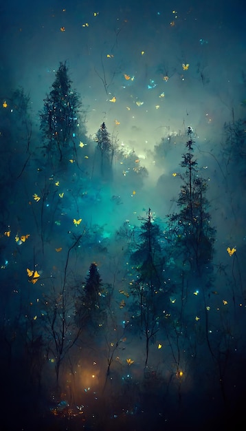 Forest blue glowing butterflies mild fog moonlight ultra reali 3D rendering