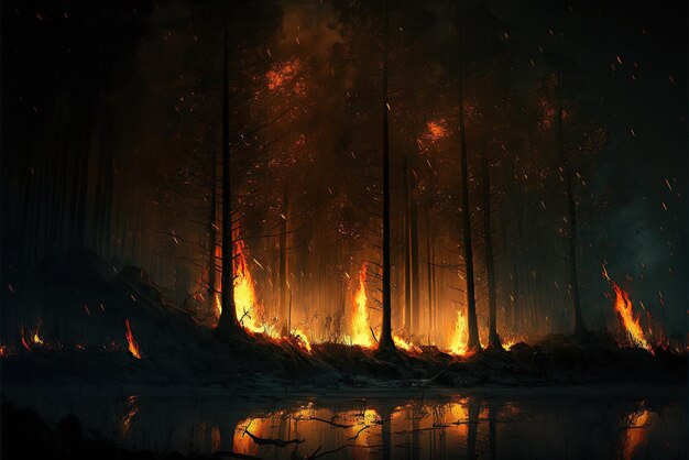 Foto una foresta in fiamme in mezzo alla notte