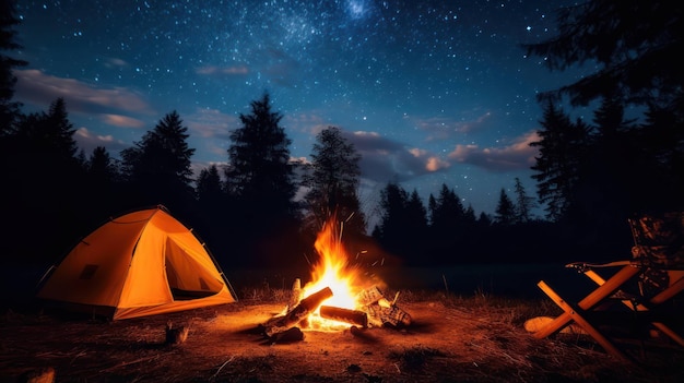 Forest Camp Tent and Firelight at Night