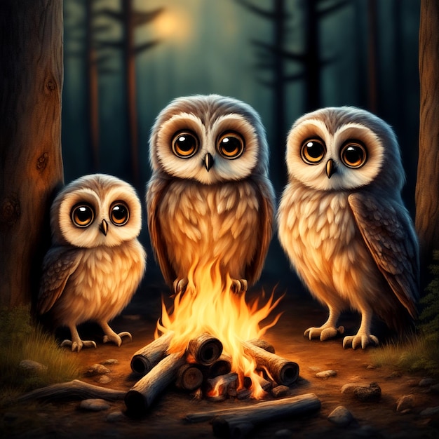 Forest Campfire Companions Trio of Adorable Baby Owls