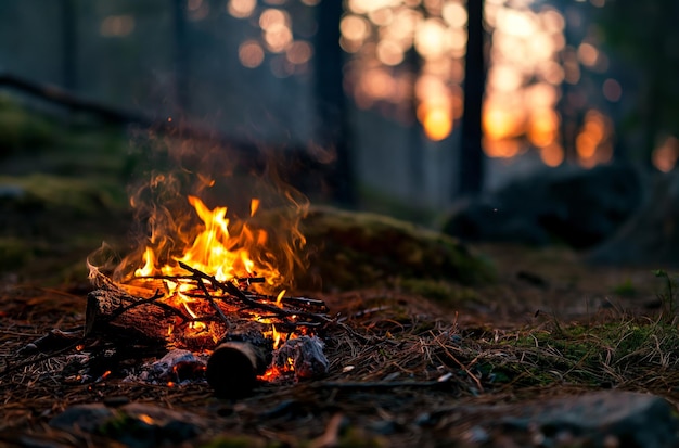 Forest campfire at sunset