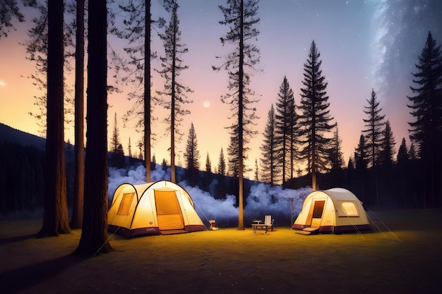 Forest camping illustration with fire in the wild ai generated