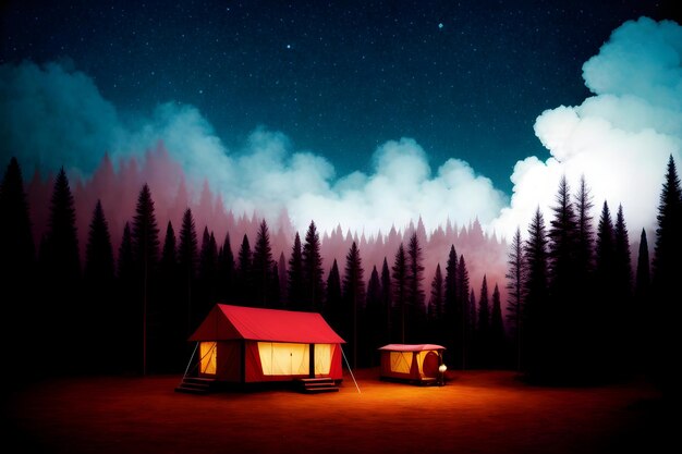 Photo forest camping illustration with fire in the wild ai generated