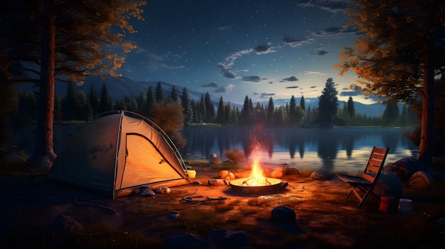 Forest Campsite Tent and Campfire