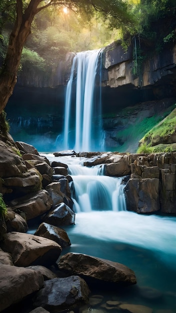 Forest Cascade A serene jungle waterfall surrounded by lush greenery and rocks creating a pictures