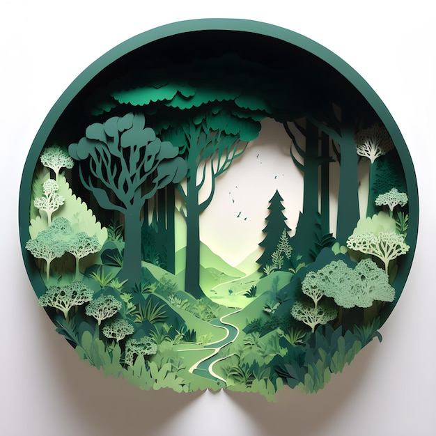 Лесной круг Зеленый Papercut Diorama Origami Tree Generative AI